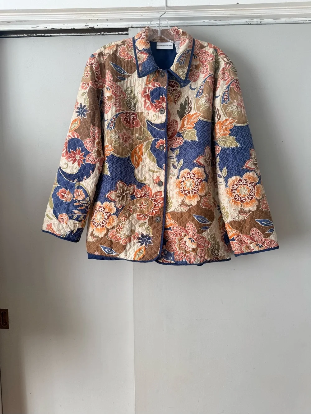 Alfred Dunmer Quilted Silk Floral Button-Up Jacket in Blue, Brown & Cream